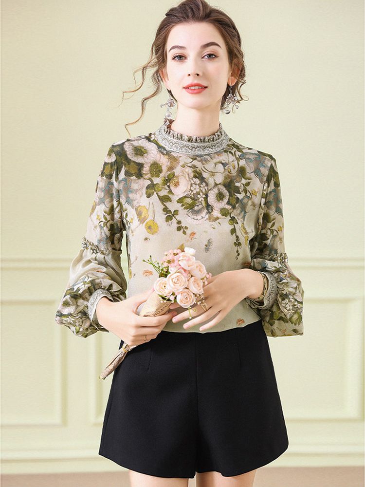Women's Elegant Dusty Green Mock Neck Floral Lattern Sleeve Silk Blouse Top