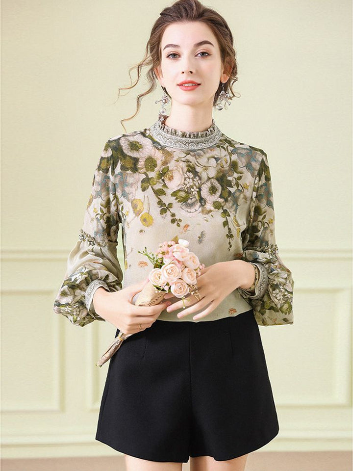 Women's Elegant Dusty Green Mock Neck Floral Lattern Sleeve Silk Blouse Top