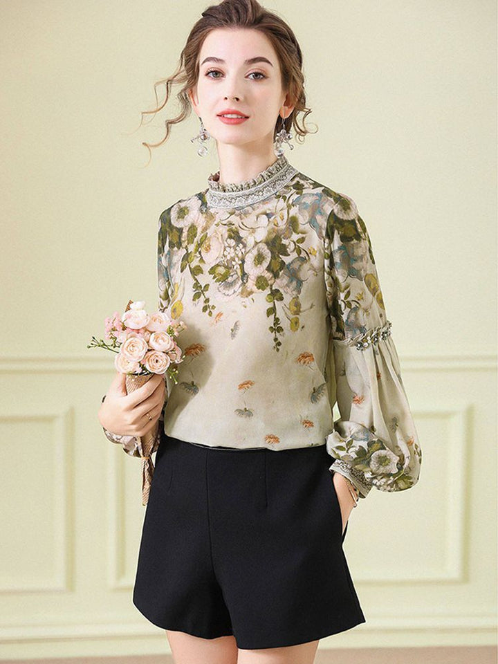 Women's Elegant Dusty Green Mock Neck Floral Lattern Sleeve Silk Blouse Top