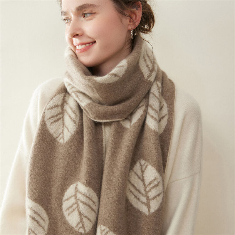 Women's Fashion Leaf Pattern 100% Cashmere Knitted Long Winter Scarf CP040