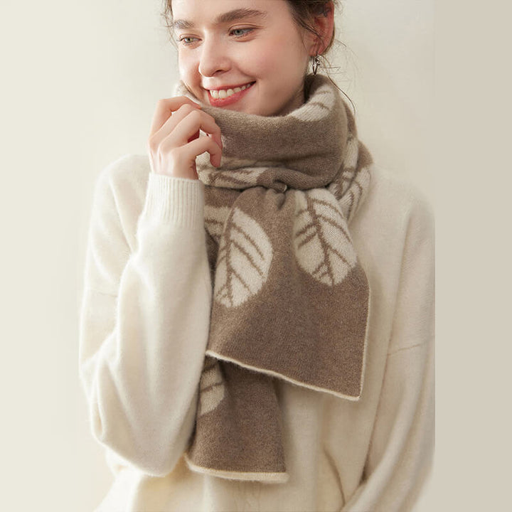 Women's Fashion Leaf Pattern 100% Cashmere Knitted Long Winter Scarf CP040