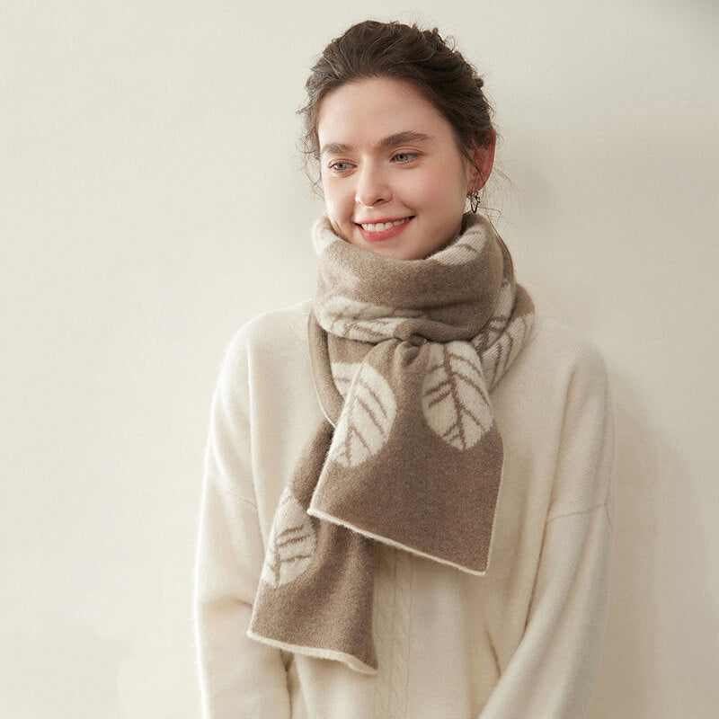 Women's Fashion Leaf Pattern 100% Cashmere Knitted Long Winter Scarf CP040