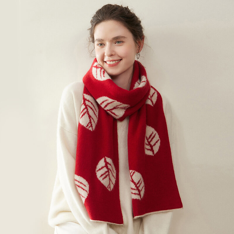 Women's Fashion Leaf Pattern 100% Cashmere Knitted Long Winter Scarf CP040