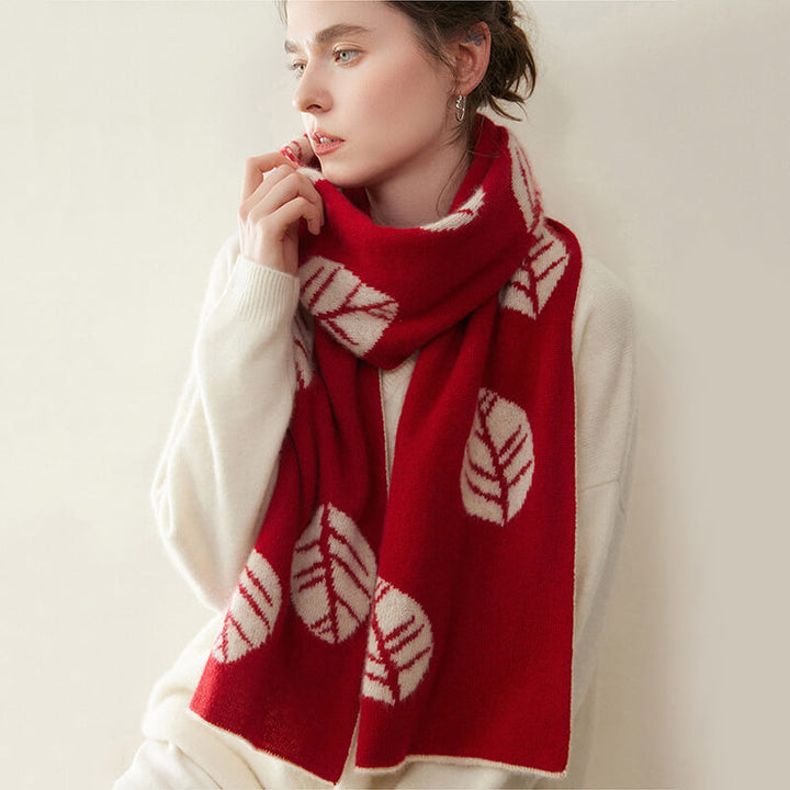 Women's Fashion Leaf Pattern 100% Cashmere Knitted Long Winter Scarf CP040