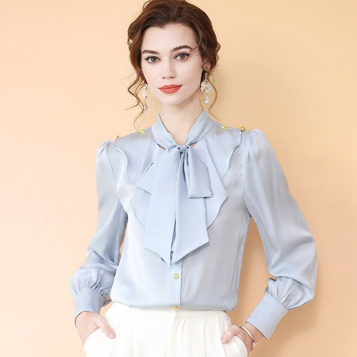 Light Blue Tie-Neck Ruffled Long Sleeve Stretchable Silk Blouse