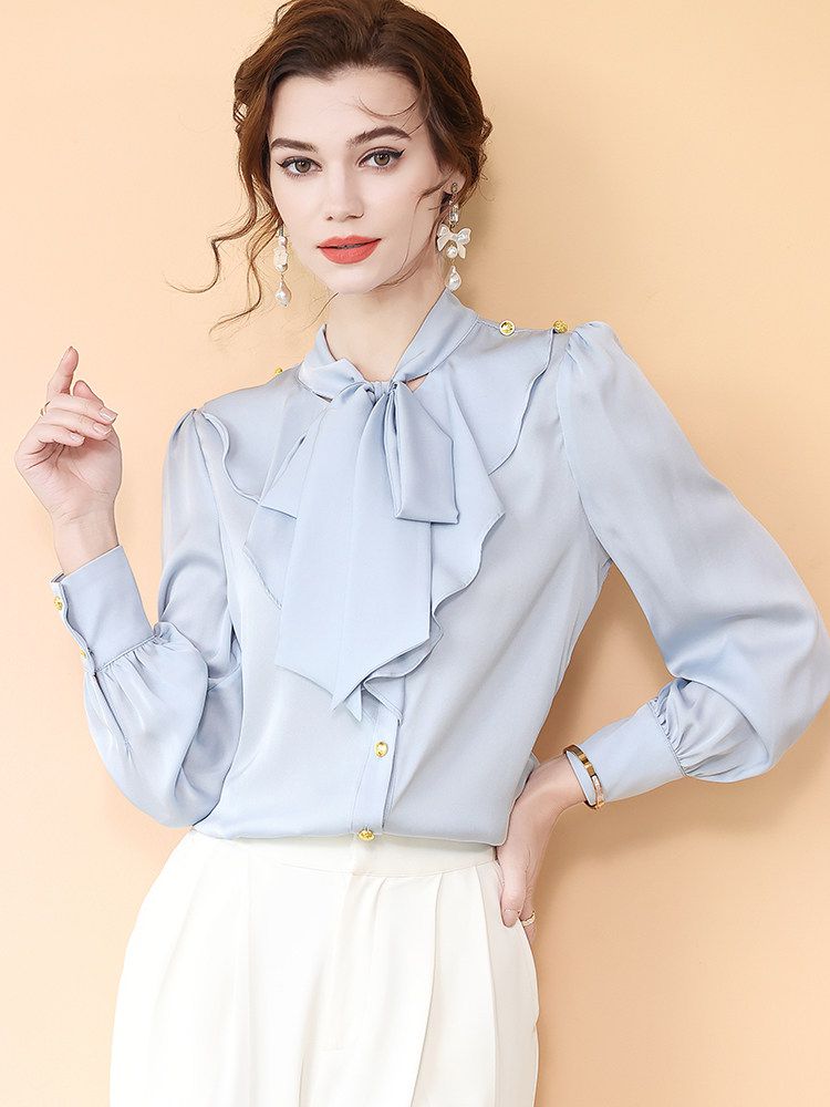 Light Blue Tie-Neck Ruffled Long Sleeve Stretchable Silk Blouse