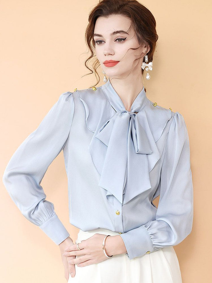 Light Blue Tie-Neck Ruffled Long Sleeve Stretchable Silk Blouse