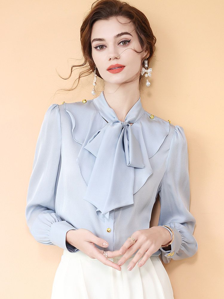 Light Blue Tie-Neck Ruffled Long Sleeve Stretchable Silk Blouse