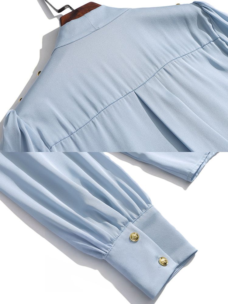 Light Blue Tie-Neck Ruffled Long Sleeve Stretchable Silk Blouse