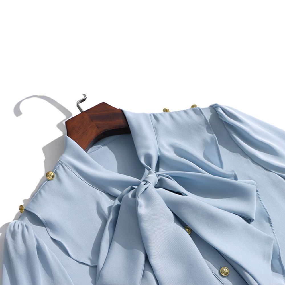 Light Blue Tie-Neck Ruffled Long Sleeve Stretchable Silk Blouse