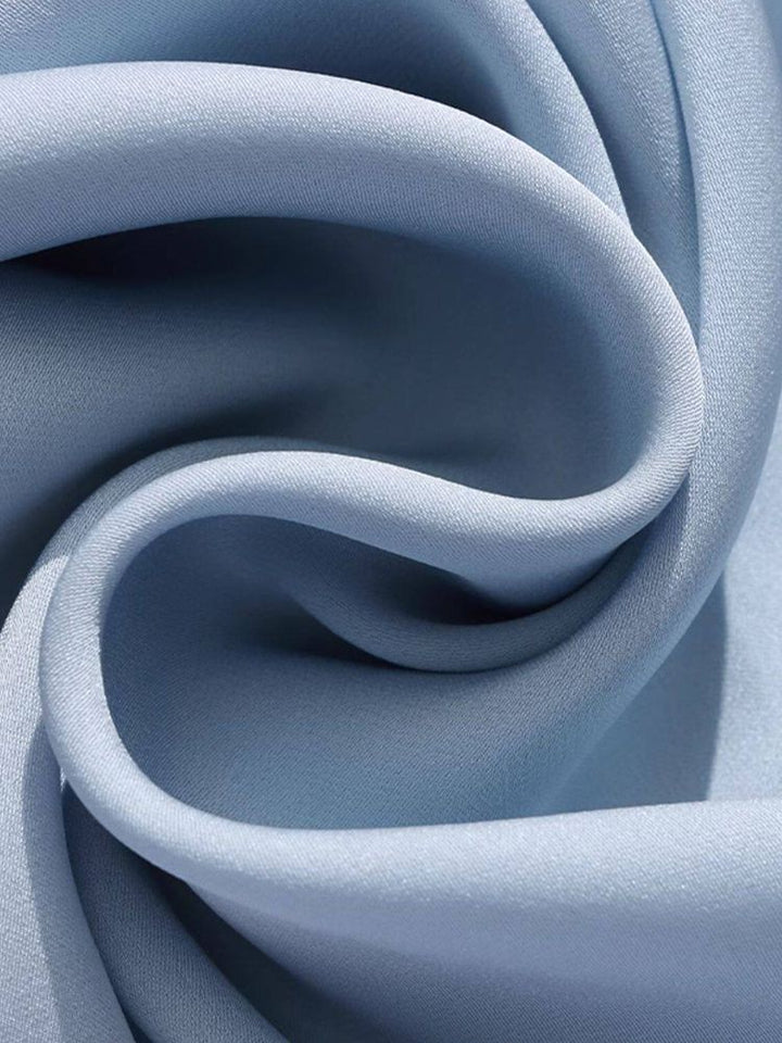Light Blue Tie-Neck Ruffled Long Sleeve Stretchable Silk Blouse