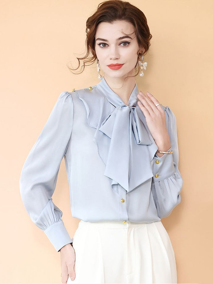Light Blue Tie-Neck Ruffled Long Sleeve Stretchable Silk Blouse