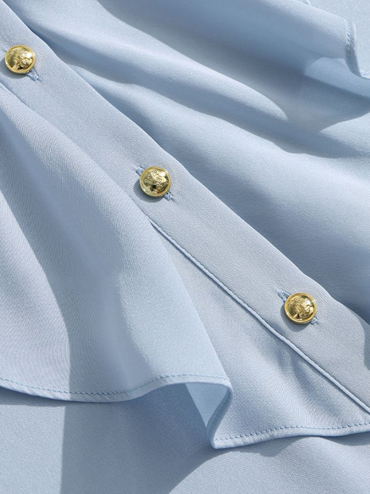 Light Blue Tie-Neck Ruffled Long Sleeve Stretchable Silk Blouse