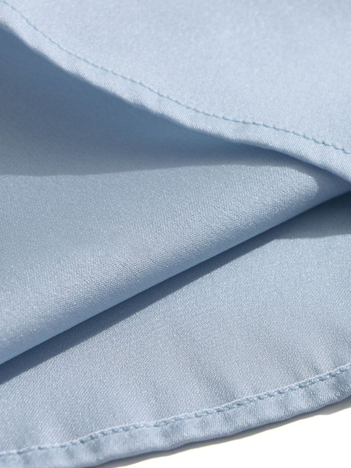 Light Blue Tie-Neck Ruffled Long Sleeve Stretchable Silk Blouse