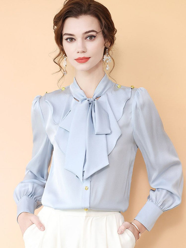 Light Blue Tie-Neck Ruffled Long Sleeve Stretchable Silk Blouse