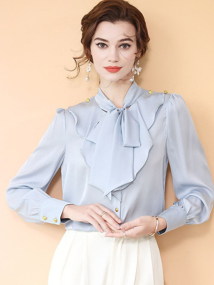 Light Blue Tie-Neck Ruffled Long Sleeve Stretchable Silk Blouse