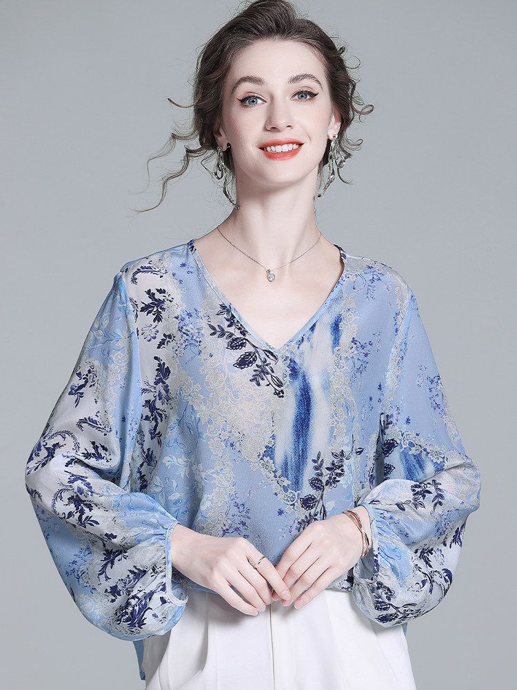 Women’s Light Blue Floral Silk Blouse V-Neck Long Sleeve Elegant Silk Top