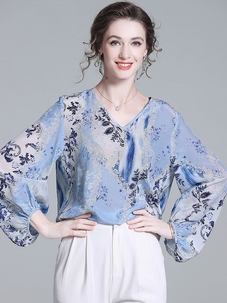 Women’s Light Blue Floral Silk Blouse V-Neck Long Sleeve Elegant Silk Top