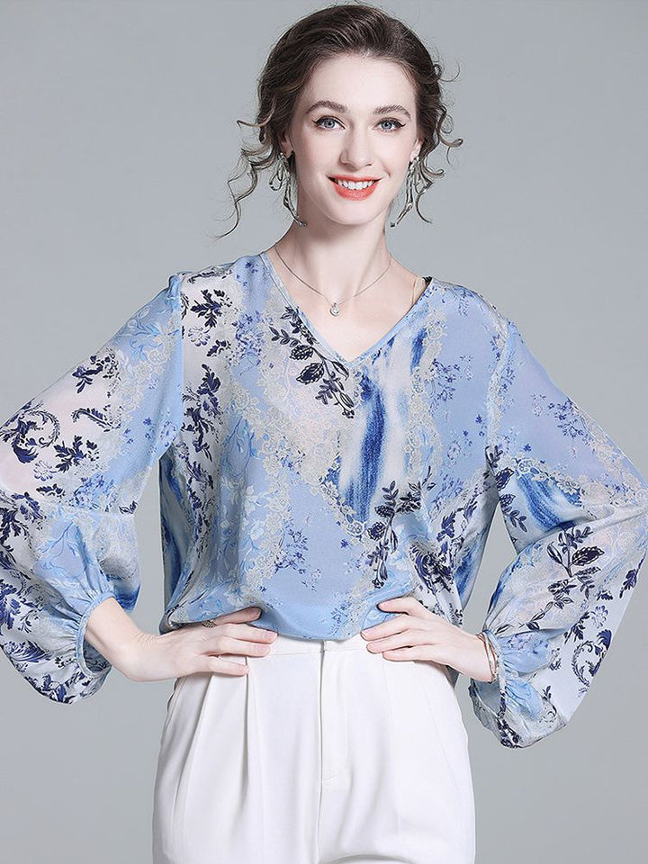 Women’s Light Blue Floral Silk Blouse V-Neck Long Sleeve Elegant Silk Top