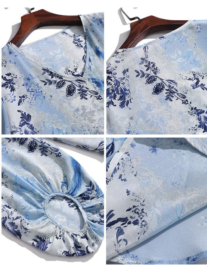 Women’s Light Blue Floral Silk Blouse V-Neck Long Sleeve Elegant Silk Top