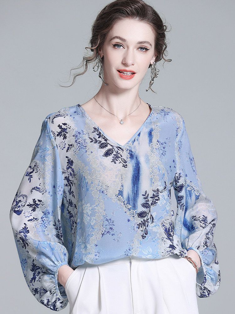 Women’s Light Blue Floral Silk Blouse V-Neck Long Sleeve Elegant Silk Top