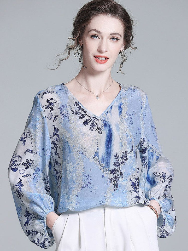 Women’s Light Blue Floral Silk Blouse V-Neck Long Sleeve Elegant Silk Top