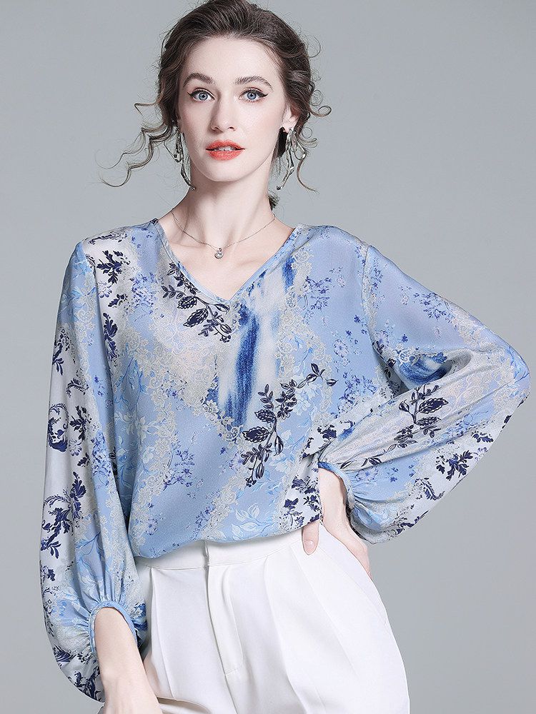Women’s Light Blue Floral Silk Blouse V-Neck Long Sleeve Elegant Silk Top