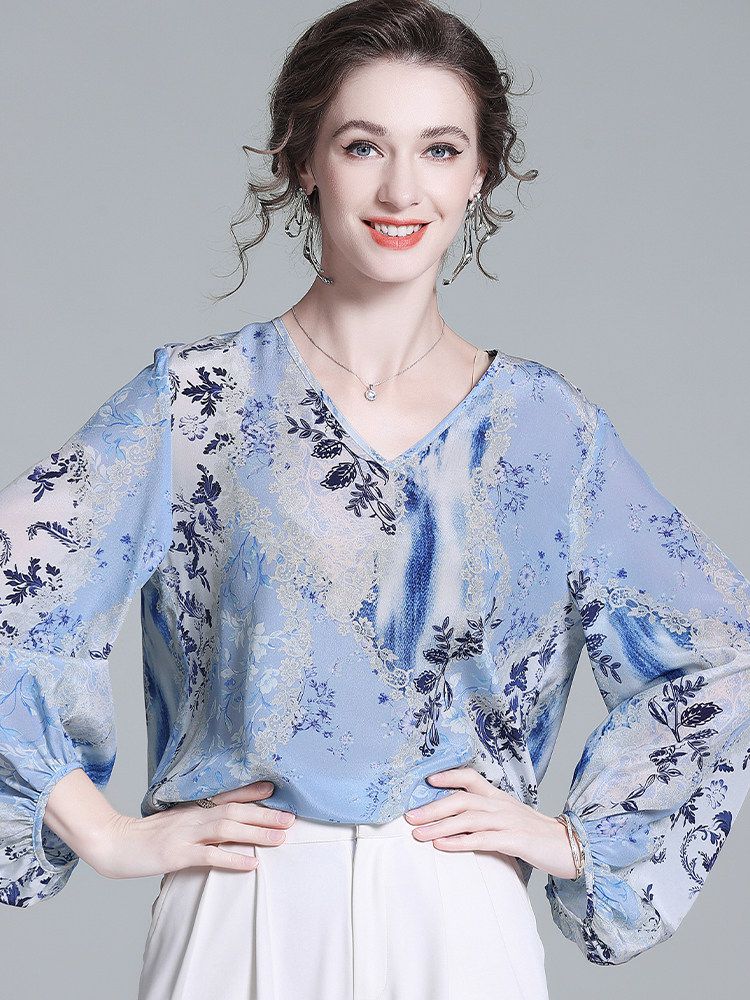 Women’s Light Blue Floral Silk Blouse V-Neck Long Sleeve Elegant Silk Top