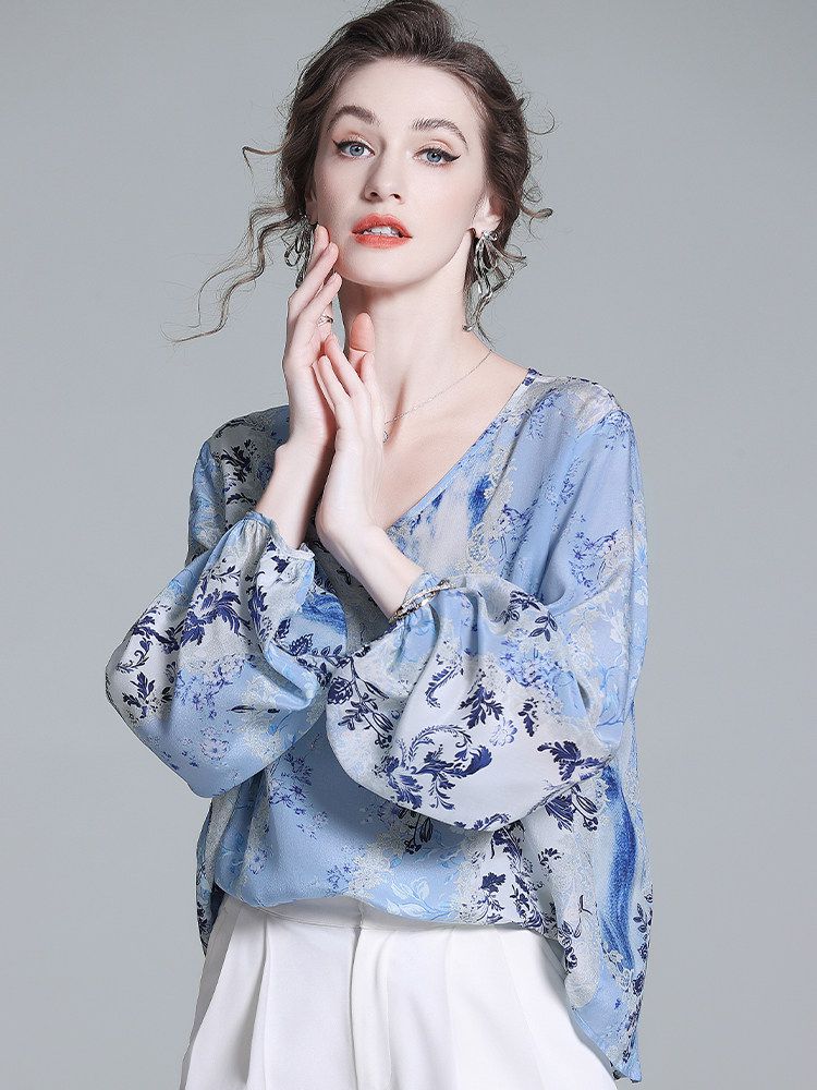 Women’s Light Blue Floral Silk Blouse V-Neck Long Sleeve Elegant Silk Top
