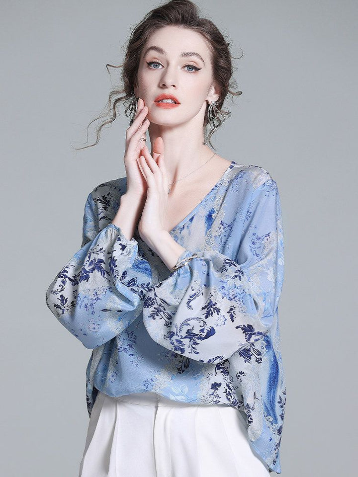 Women’s Light Blue Floral Silk Blouse V-Neck Long Sleeve Elegant Silk Top
