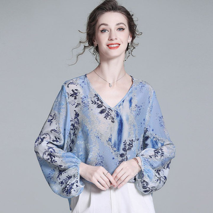Women’s Light Blue Floral Silk Blouse V-Neck Long Sleeve Elegant Silk Top