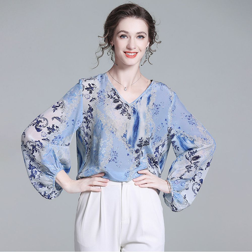Women’s Light Blue Floral Silk Blouse V-Neck Long Sleeve Elegant Silk Top