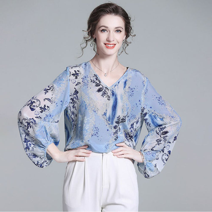 Women’s Light Blue Floral Silk Blouse V-Neck Long Sleeve Elegant Silk Top