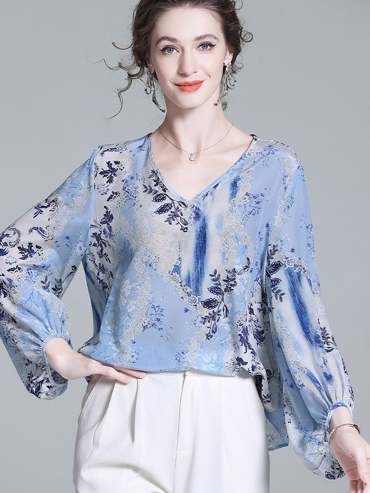 Women’s Light Blue Floral Silk Blouse V-Neck Long Sleeve Elegant Silk Top