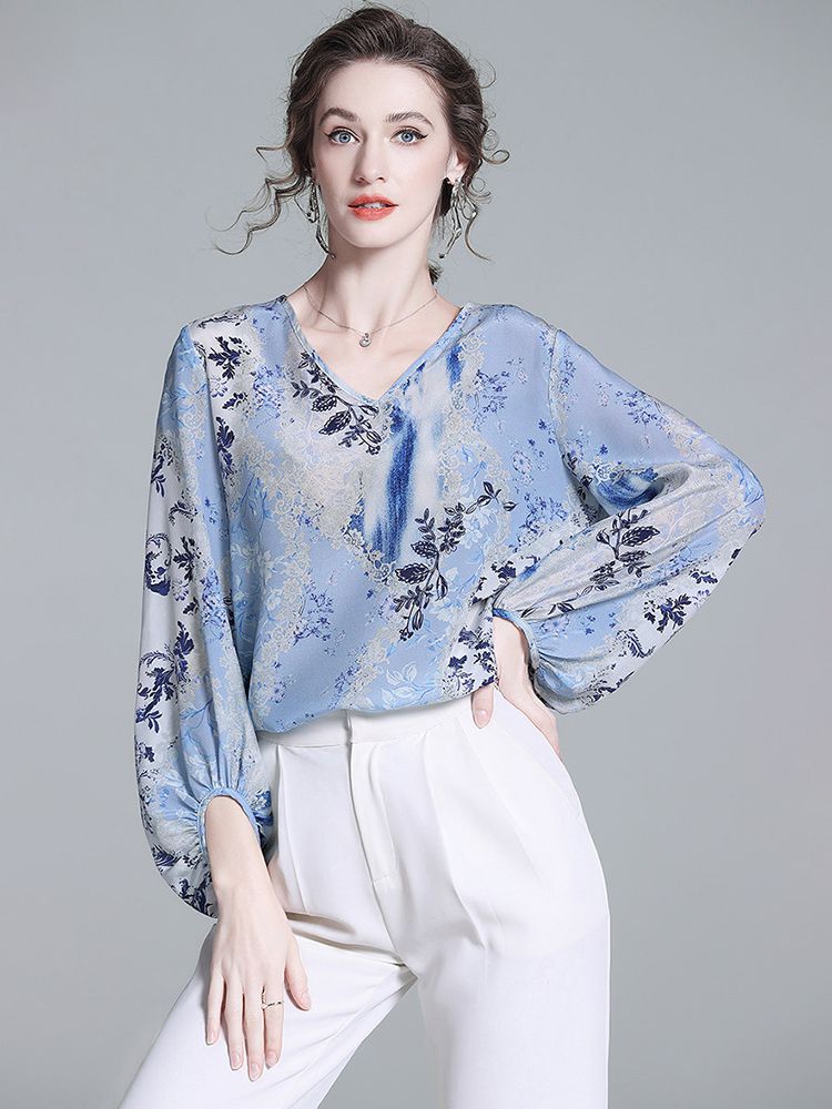 Women’s Light Blue Floral Silk Blouse V-Neck Long Sleeve Elegant Silk Top