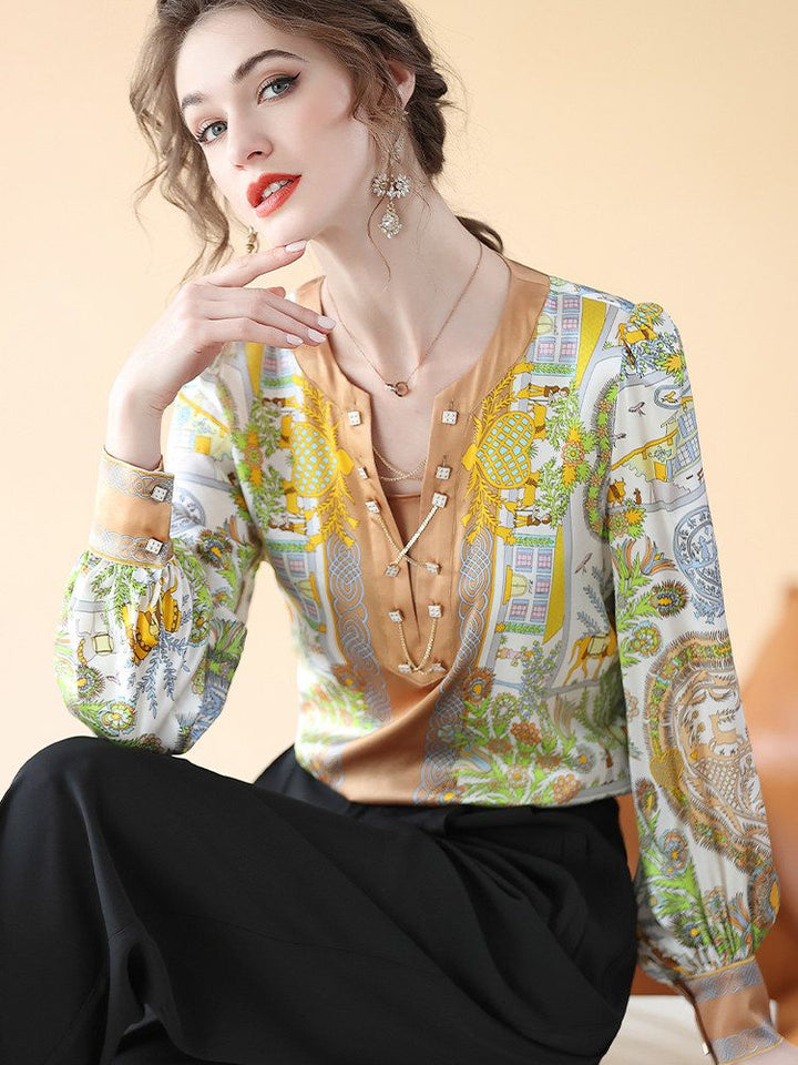 Women's Long Puff Sleeve Printed Chain V-Neck Mulberry Silk Blouse