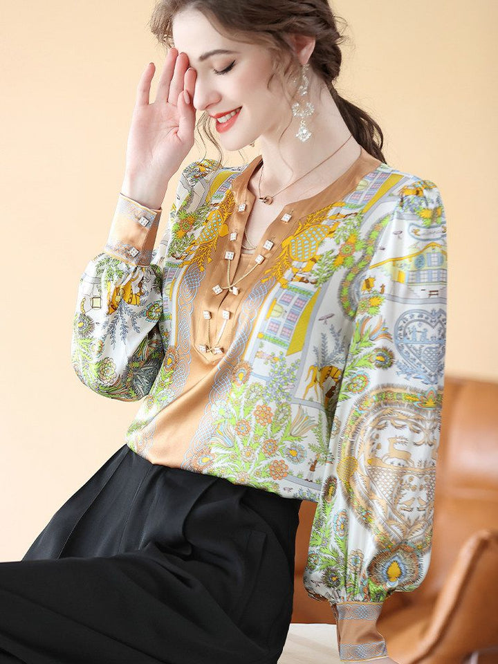 Women's Long Puff Sleeve Printed Chain V-Neck Mulberry Silk Blouse