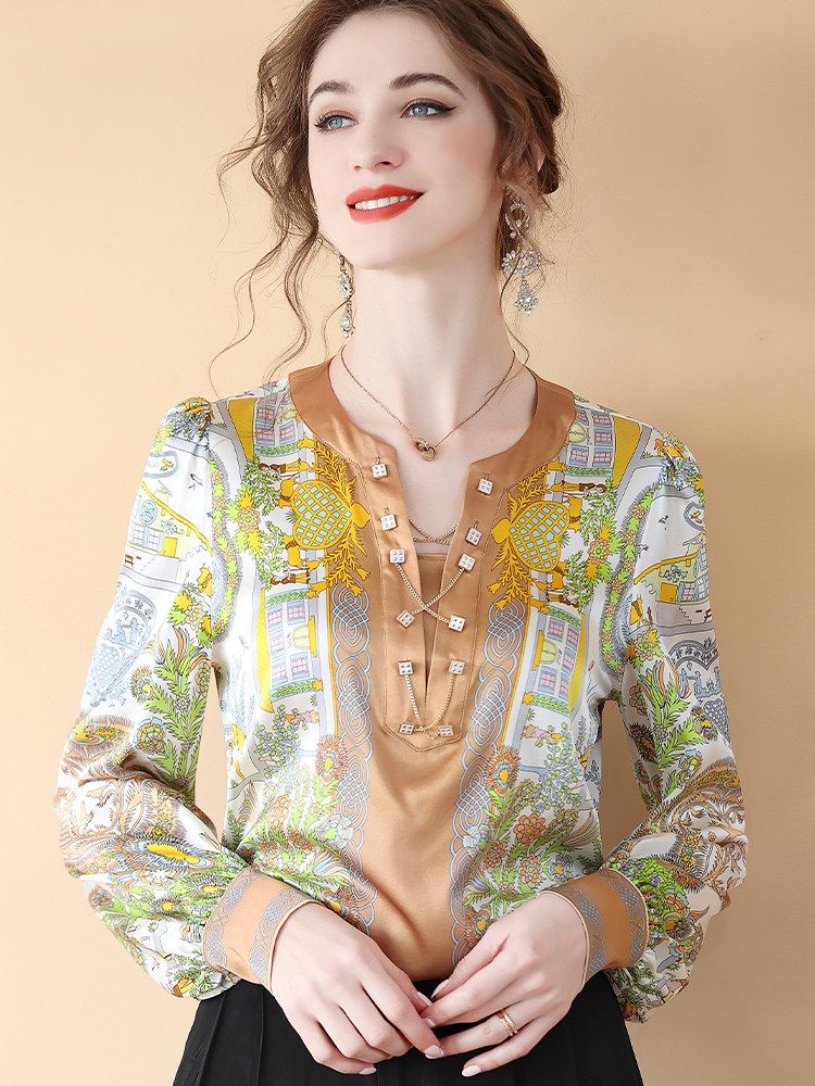 Women's Long Puff Sleeve Printed Chain V-Neck Mulberry Silk Blouse