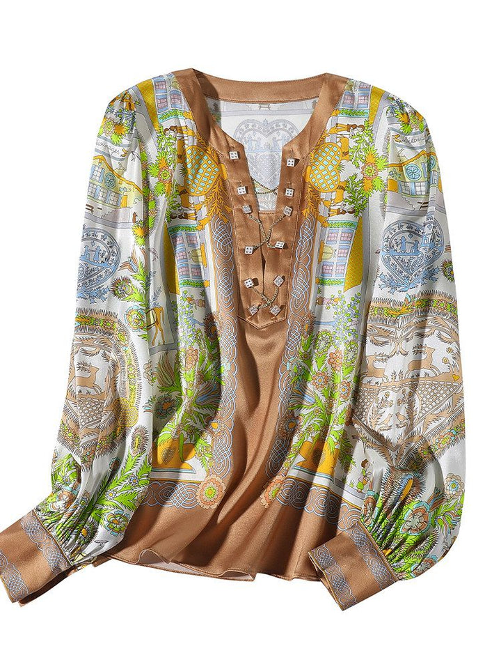 Women's Long Puff Sleeve Printed Chain V-Neck Mulberry Silk Blouse