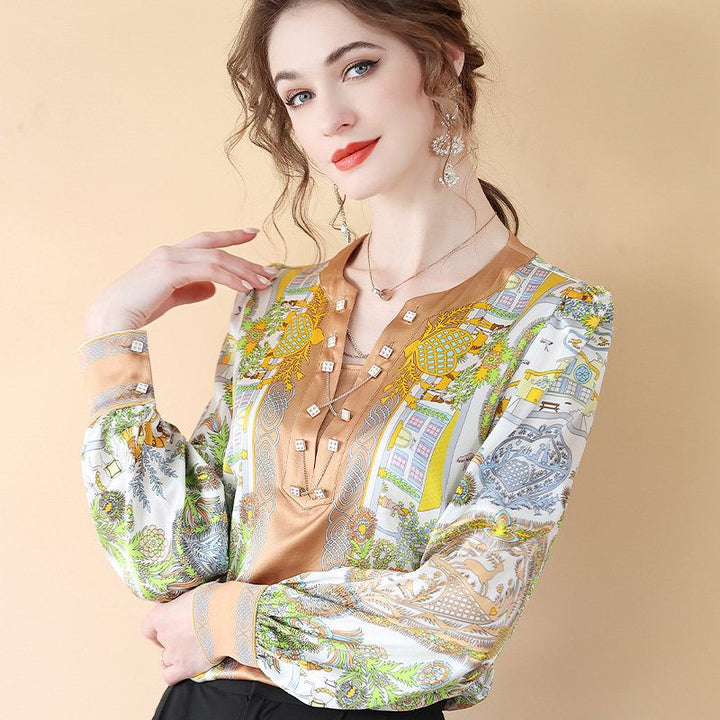 Women's Long Puff Sleeve Printed Chain V-Neck Mulberry Silk Blouse