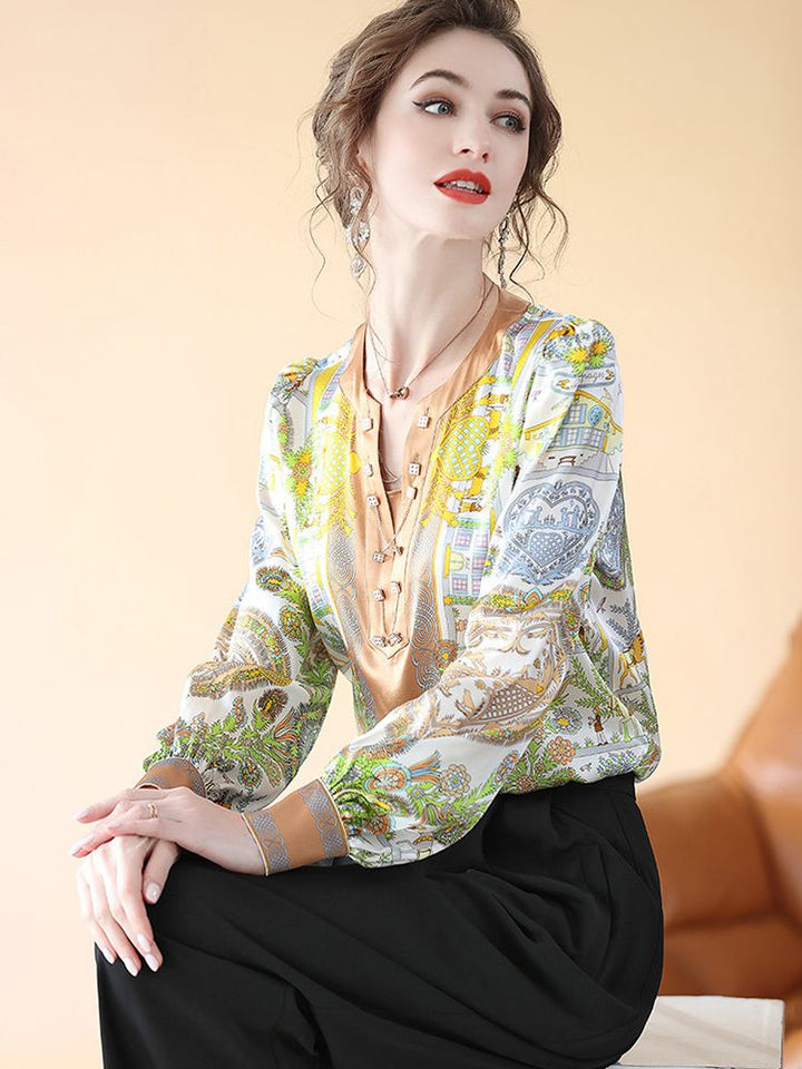Women's Long Puff Sleeve Printed Chain V-Neck Mulberry Silk Blouse