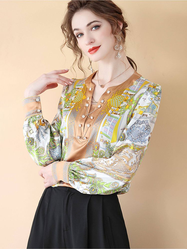 Women's Long Puff Sleeve Printed Chain V-Neck Mulberry Silk Blouse