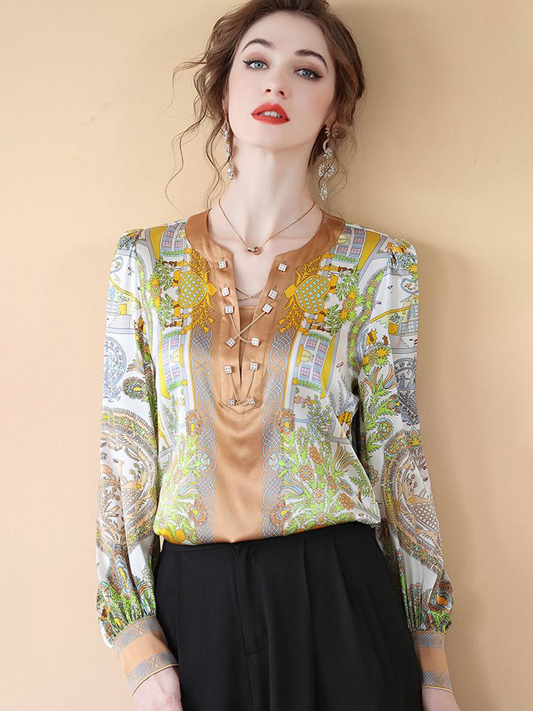 Women's Long Puff Sleeve Printed Chain V-Neck Mulberry Silk Blouse