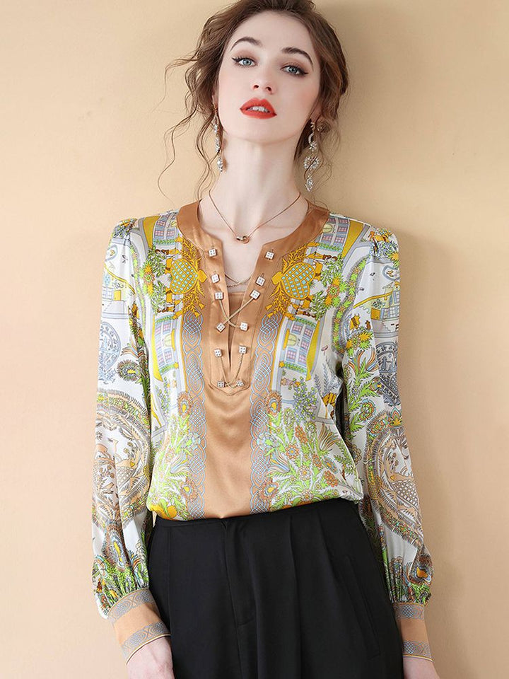 Women's Long Puff Sleeve Printed Chain V-Neck Mulberry Silk Blouse