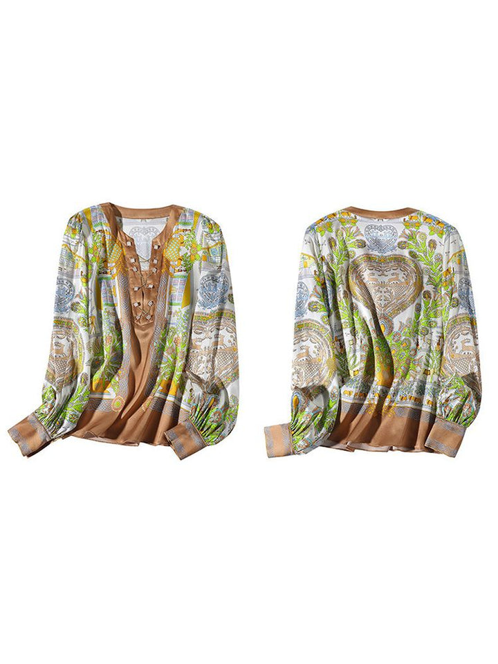 Women's Long Puff Sleeve Printed Chain V-Neck Mulberry Silk Blouse