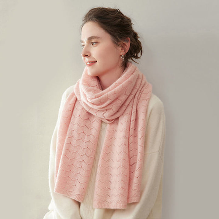 Women's Long Soft 100% Cashmere Scarf with Chevron Openwork Pattern CP049