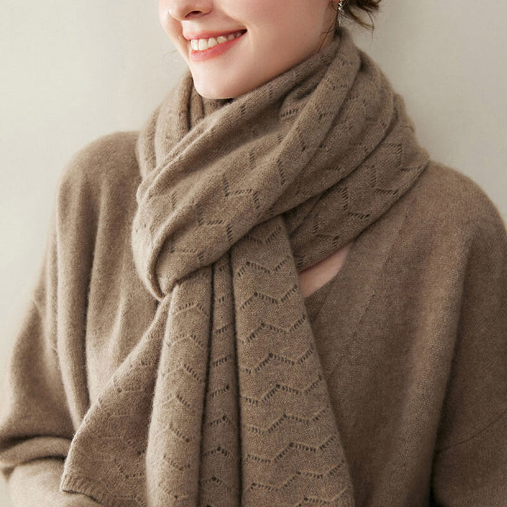 Women's Long Soft 100% Cashmere Scarf with Chevron Openwork Pattern CP049