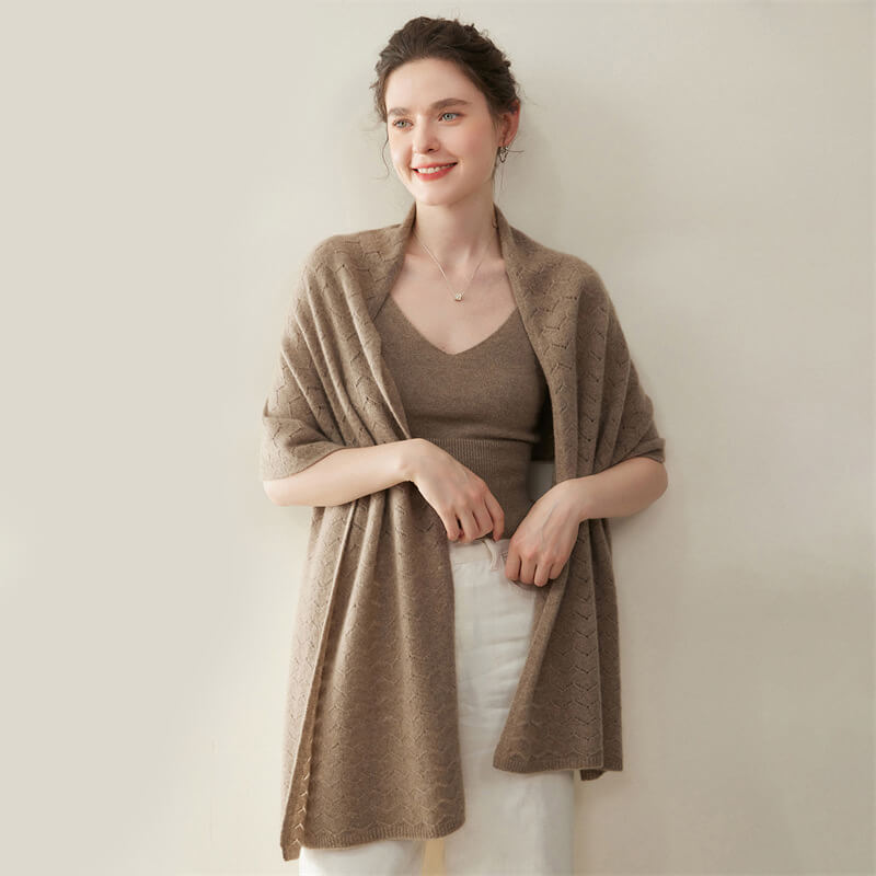 Women's Long Soft 100% Cashmere Scarf with Chevron Openwork Pattern CP049