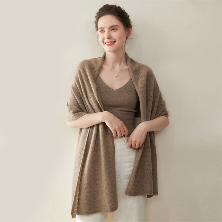 Women's Long Soft 100% Cashmere Scarf with Chevron Openwork Pattern CP049