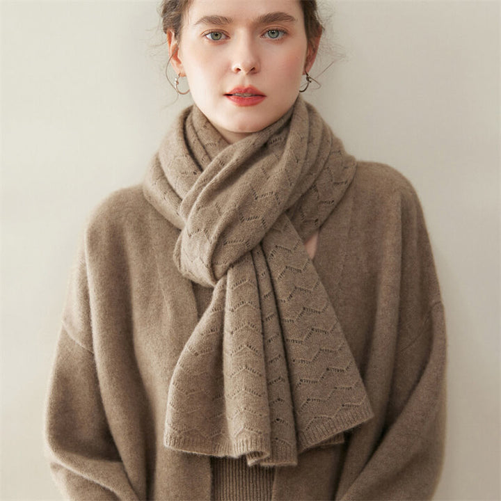 Women's Long Soft 100% Cashmere Scarf with Chevron Openwork Pattern CP049